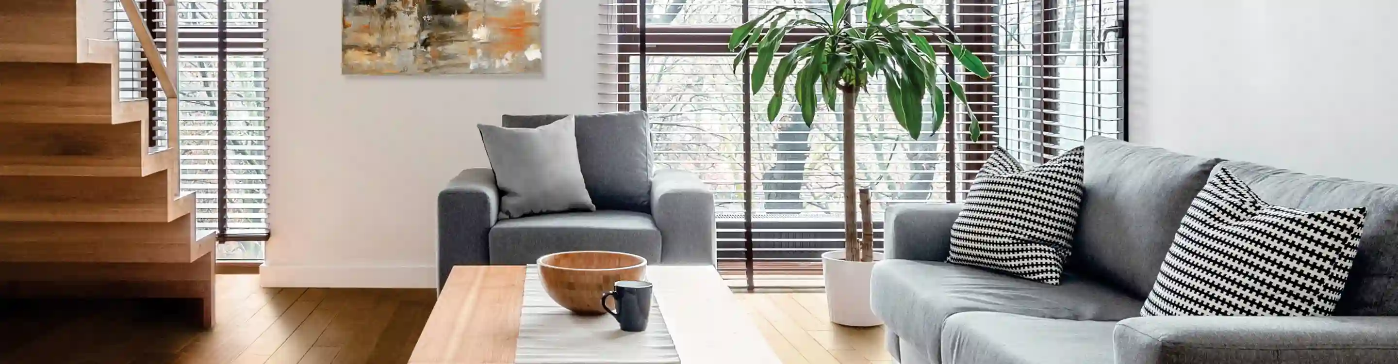 living room with white blinds